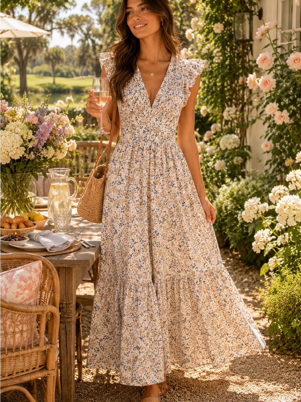 Neuflora Boutique Garden Floral Ruffle Sleeve Maxi Dress White Blue Yellow
